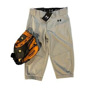 Girls softball pants gray Under Armour and Wilson baseball glove